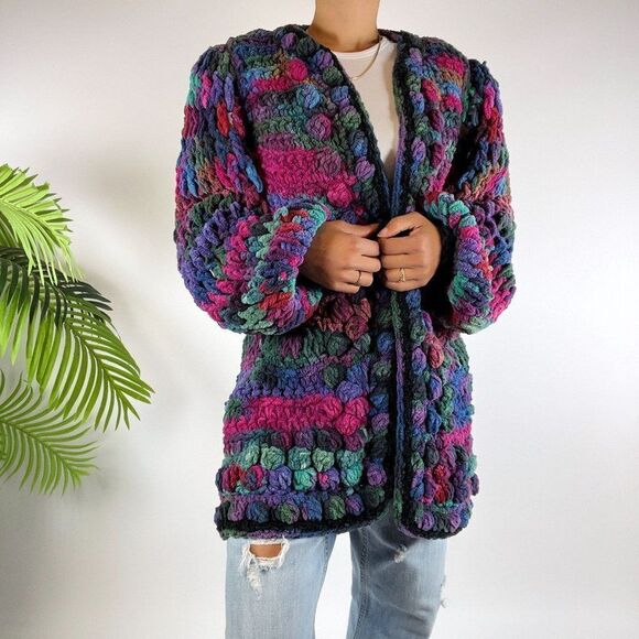 Vintage 80s Retro Chunky Knit Oversized Grandma Sweater Crochet Cardigan / Large - Picture 6 of 7